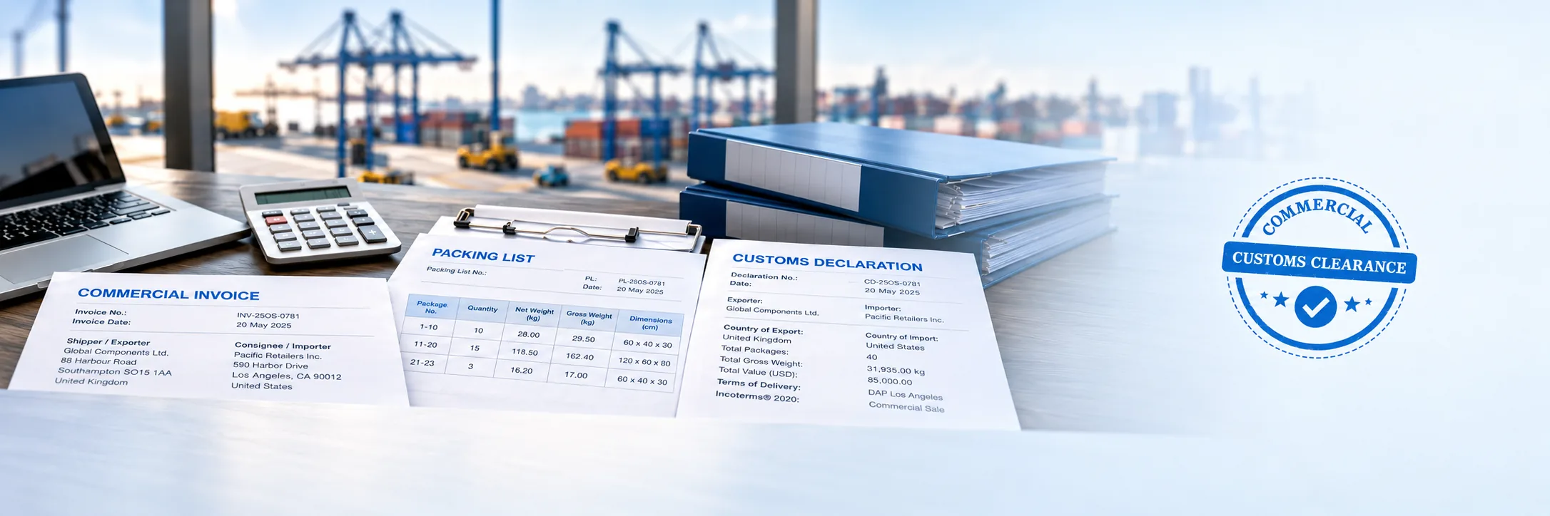 Customs broker paperwork including an invoice, packing list, bill of lading and customs declaration