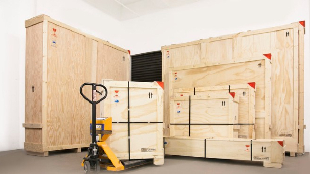 Wooden shipping crates prepared for international freight with export certificates